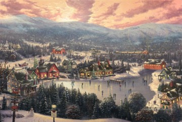 Sunset on Snowflake Lake TK Christmas Peinture à l'huile